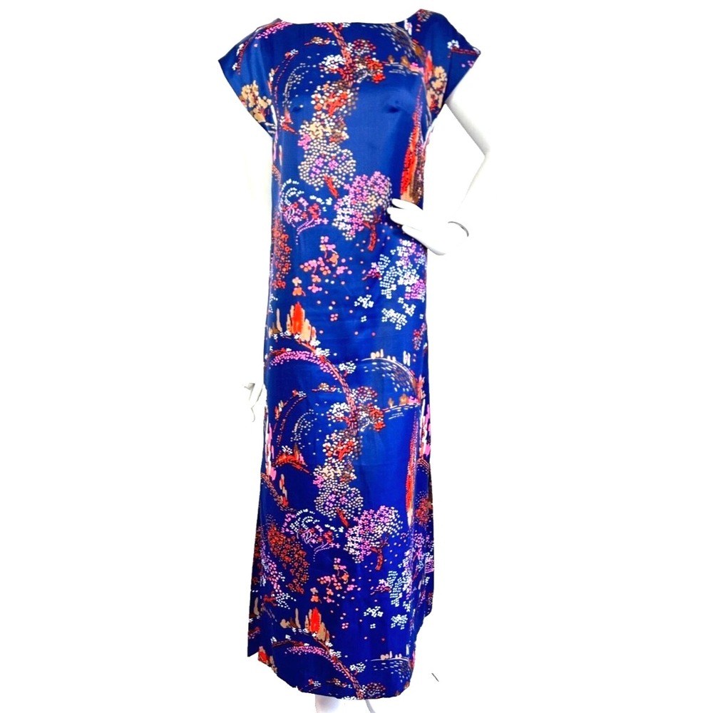Vintage 70s East German Maxi Dress VEB Kleiderwerke Jena Blue Satin Gown Small